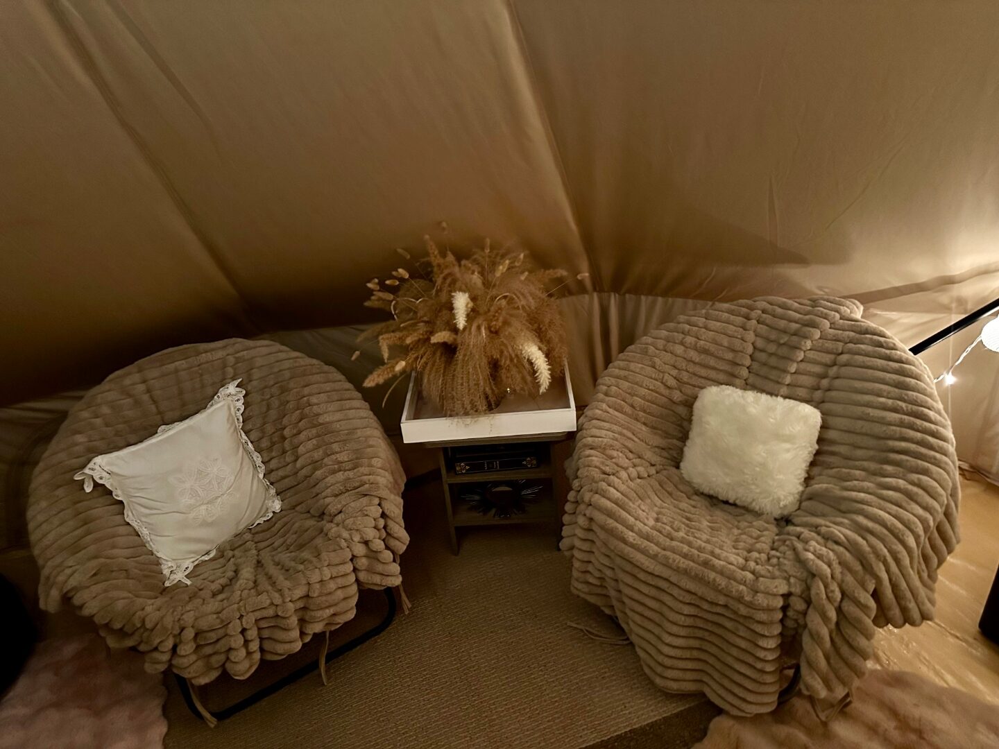 Two round plush chairs inside a bell tent with pampas grass centerpiece.